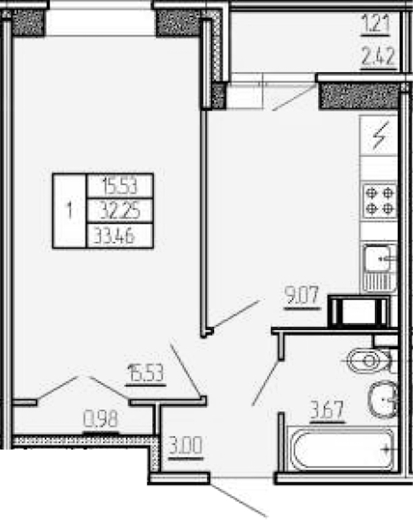 1-комнатная квартира 33.46 м², 14/17 эт., ЖК «Стороны Света»